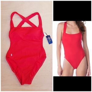 Polo Ralph Lauren Red Solid Xback Square Swimsuit
